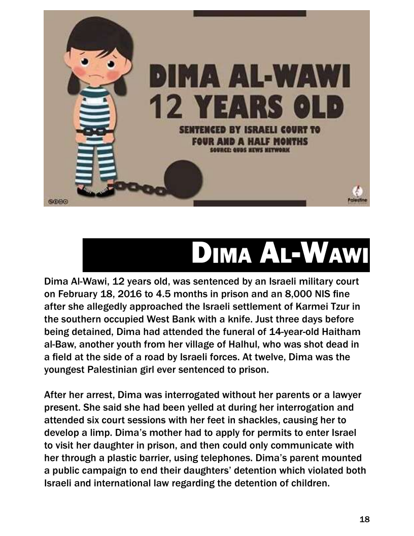  

 
    
 

DIMA AL-WAWI
12 YEARS OLD

FOUR AND A HALF MONTHS
‘SOURCE: @UDS NEWS METWORK

 

 

Dima Al-Wawi, 12 years old, was sentenced by an Israeli military court
on February 18, 2016 to 4.5 months in prison and an 8,000 NIS fine
after she allegedly approached the Israeli settlement of Karmei Tzur in
the southern occupied West Bank with a knife. Just three days before
being detained, Dima had attended the funeral of 14-year-old Haitham
al-Baw, another youth from her village of Halhul, who was shot dead in
a field at the side of a road by Israeli forces. At twelve, Dima was the
youngest Palestinian girl ever sentenced to prison.

After her arrest, Dima was interrogated without her parents or a lawyer
present. She said she had been yelled at during her interrogation and
attended six court sessions with her feet in shackles, causing her to
develop a limp. Dima’s mother had to apply for permits to enter Israel
to visit her daughter in prison, and then could only communicate with
her through a plastic barrier, using telephones. Dima’s parent mounted
a public campaign to end their daughters’ detention which violated both
Israeli and international law regarding the detention of children.

18
